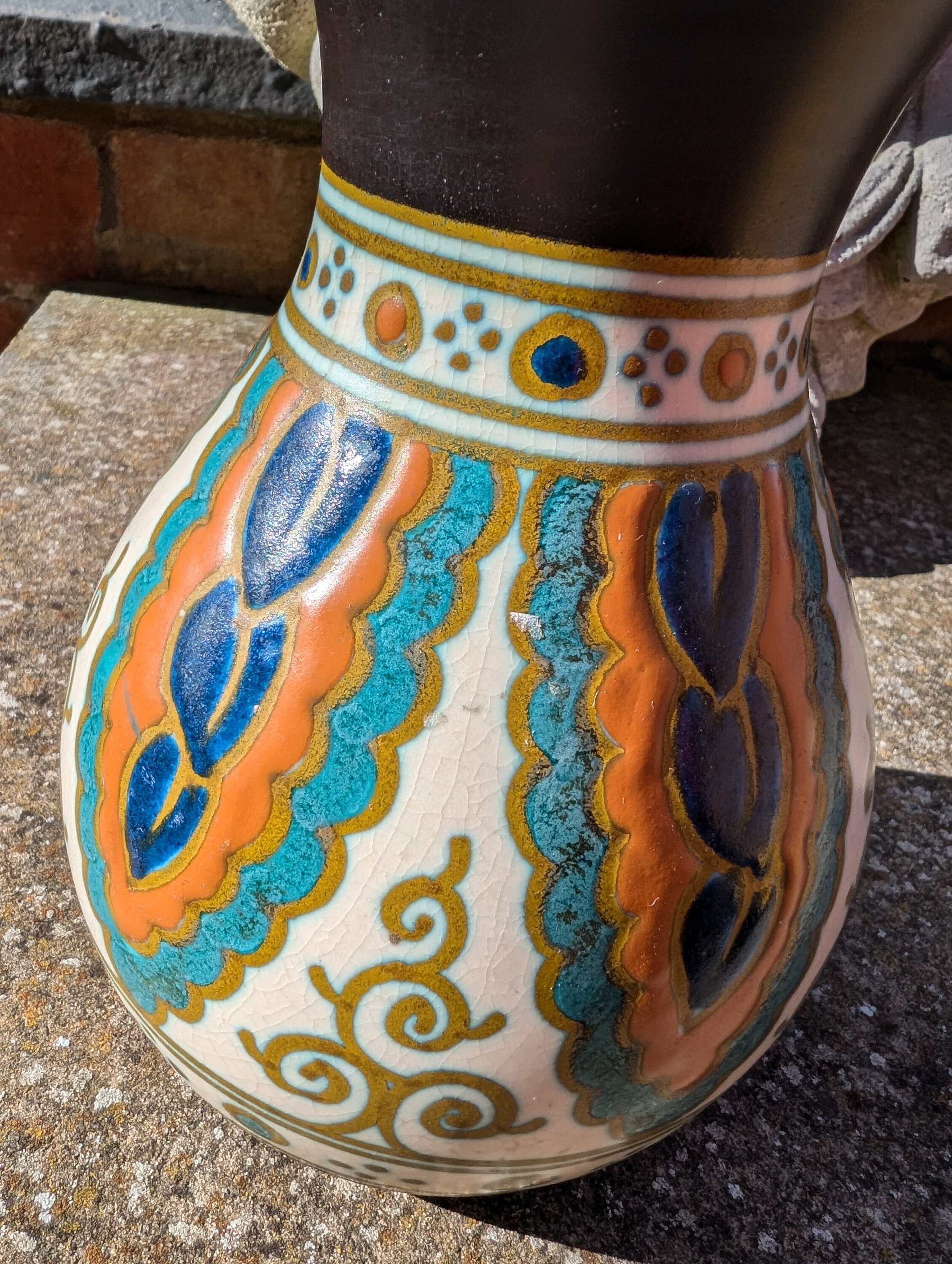 フラワーベース　オランダ陶器　ゴーダ窯　アールデコ　アールヌーボー　花瓶 アンティーク 1920 年代のカラフルなオランダのコリアー ゴーダ