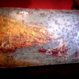 Vintage Rustic Chic 50's Hinged Blue Bird Toffee tin  Litho print Fishing Boat scene Fishing Village