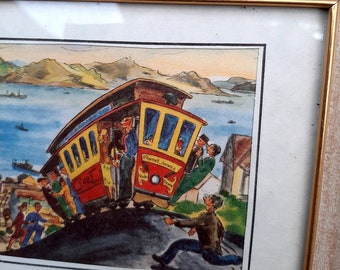Vintage 1950's Ted Lewy San Francisco Hyde street cable car framed