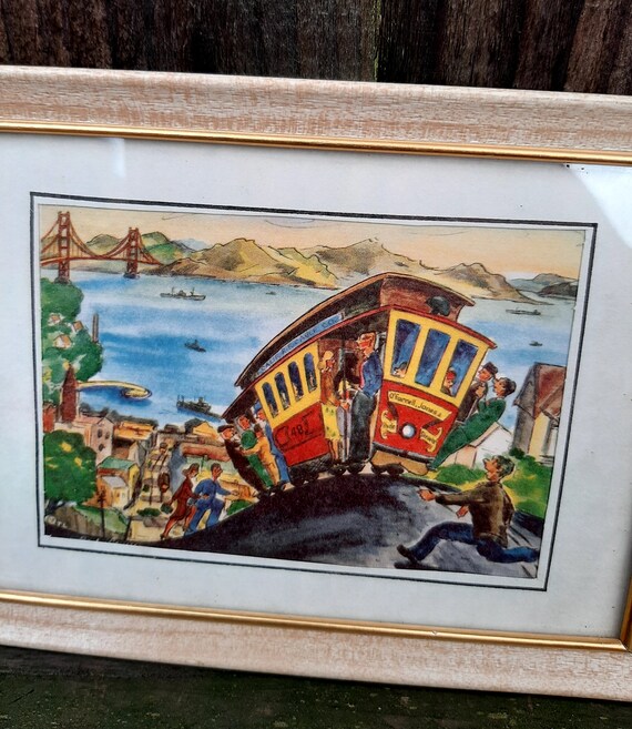 Vintage 1950's Ted Lewy San Francisco Hyde street cable car framed