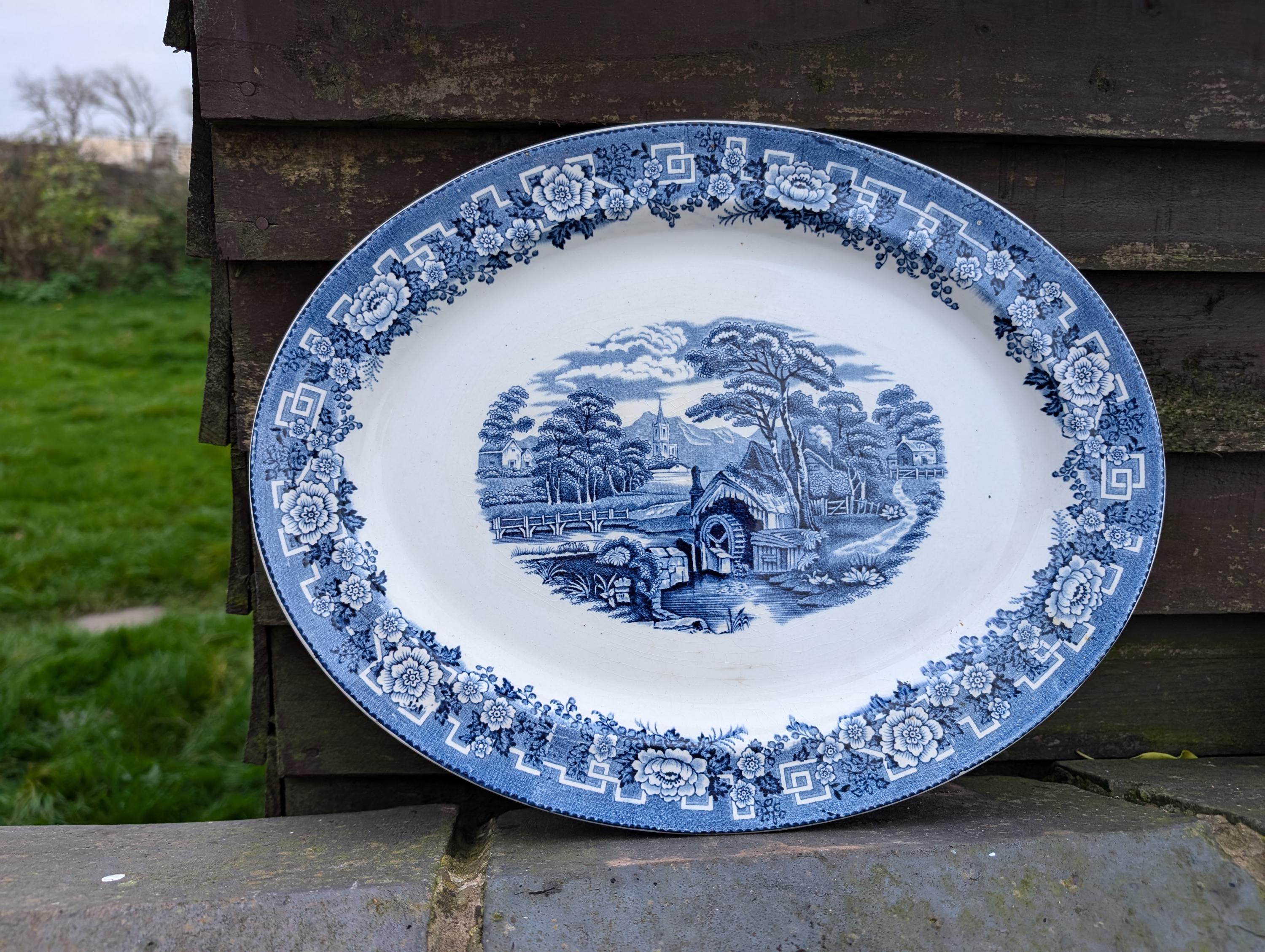 Vintage large Cottage Farmhouse Blue and White Barratt Staffordshire Old English ceramic serving platter