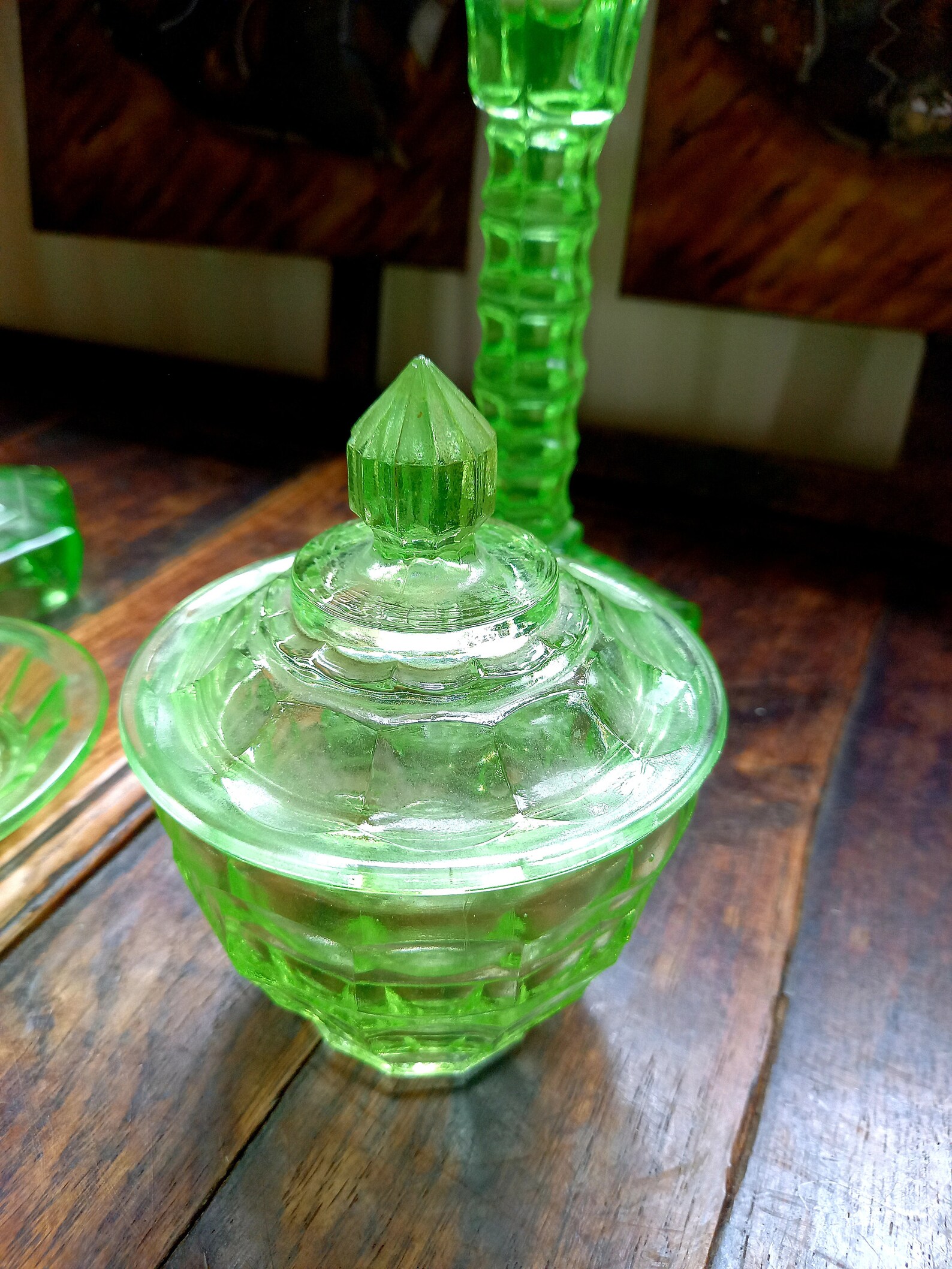 Vintage 30's Art Deco Green glass vanity set Etsy