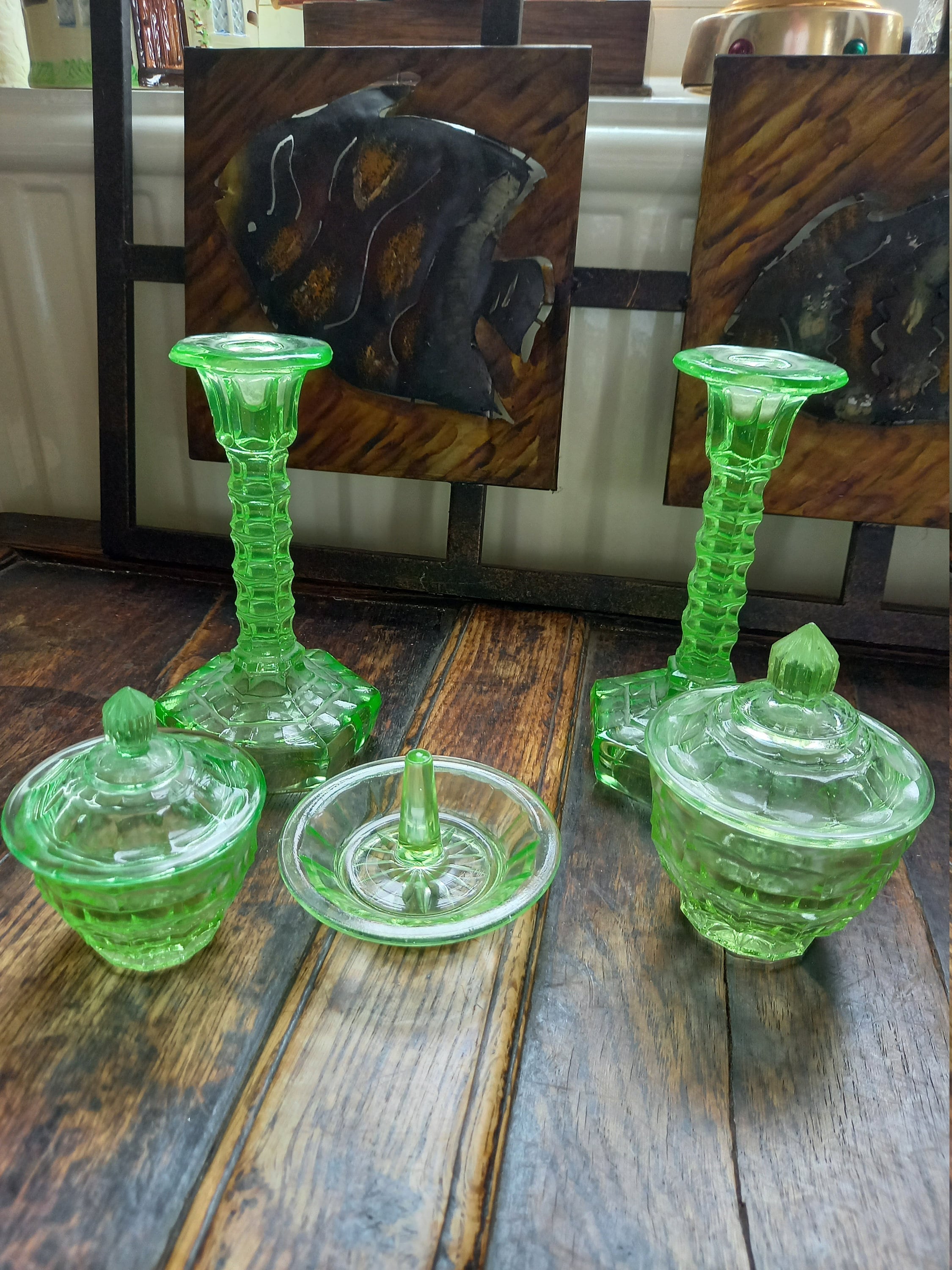 Vintage 30's Art Deco Green glass vanity set Etsy