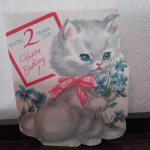 Vintage 1950 Beflockte gefaltete Kitty Cat Happy Birthday 2 Jahre alte Sapphire Geburtstagskarte USA