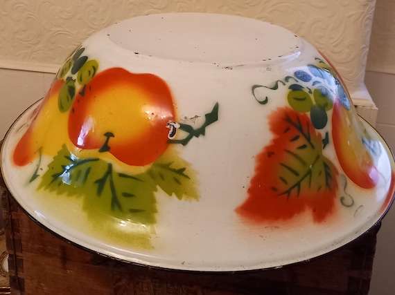 希少BIG！50sアメリカンアンティーク　果物柄ホーローボウルミッドセンチュリー Vintage Mid-century 40's Japanese Large Enamelware Fruit Bowl - Etsy