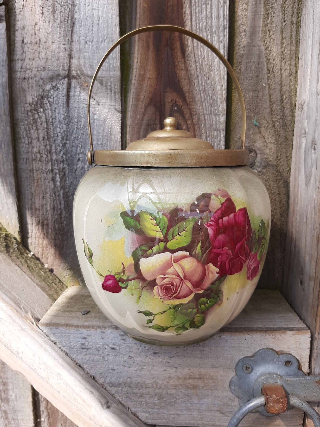 Antique Rustic Rose Ceramic Biscuit Barrel - Etsy