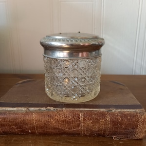 Vintage hob nail Cut glass vanity jar with Silver plated lid