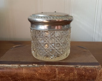 Vintage hob nail Cut glass vanity jar with Silver plated lid