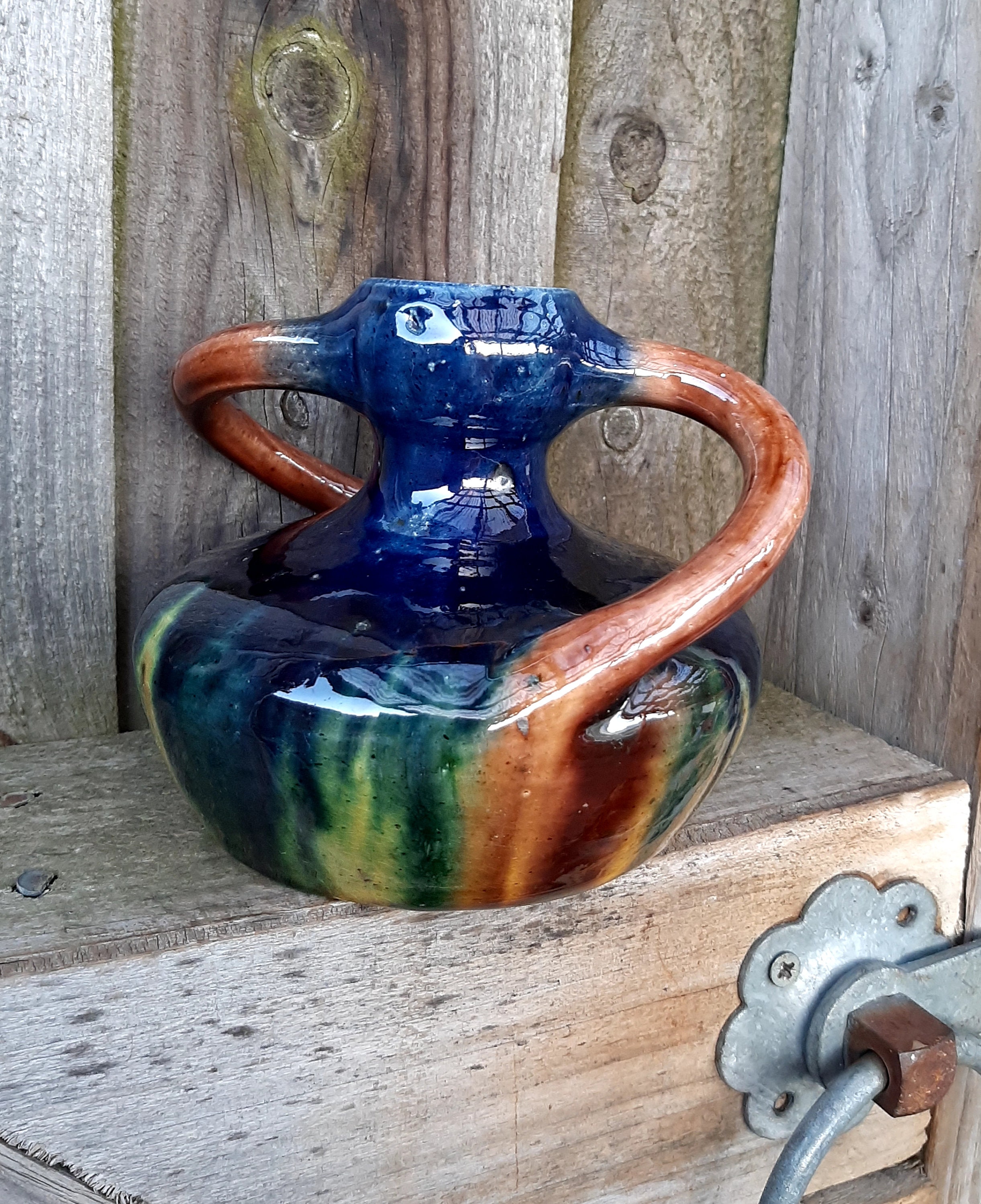 Antique Art Nouveau Belgian pottery twisted handle vase