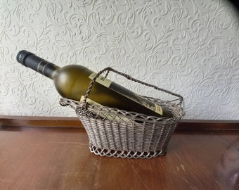 Vintage rustic French Silver tone,hand wire worked Wine bottle basket holder server