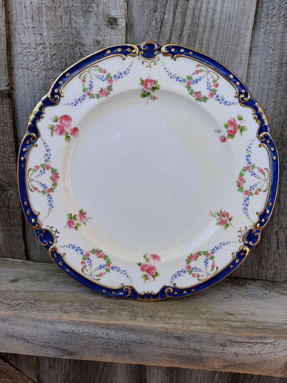 Antique Phillips Minton pink Roses and floral garland dinner plate