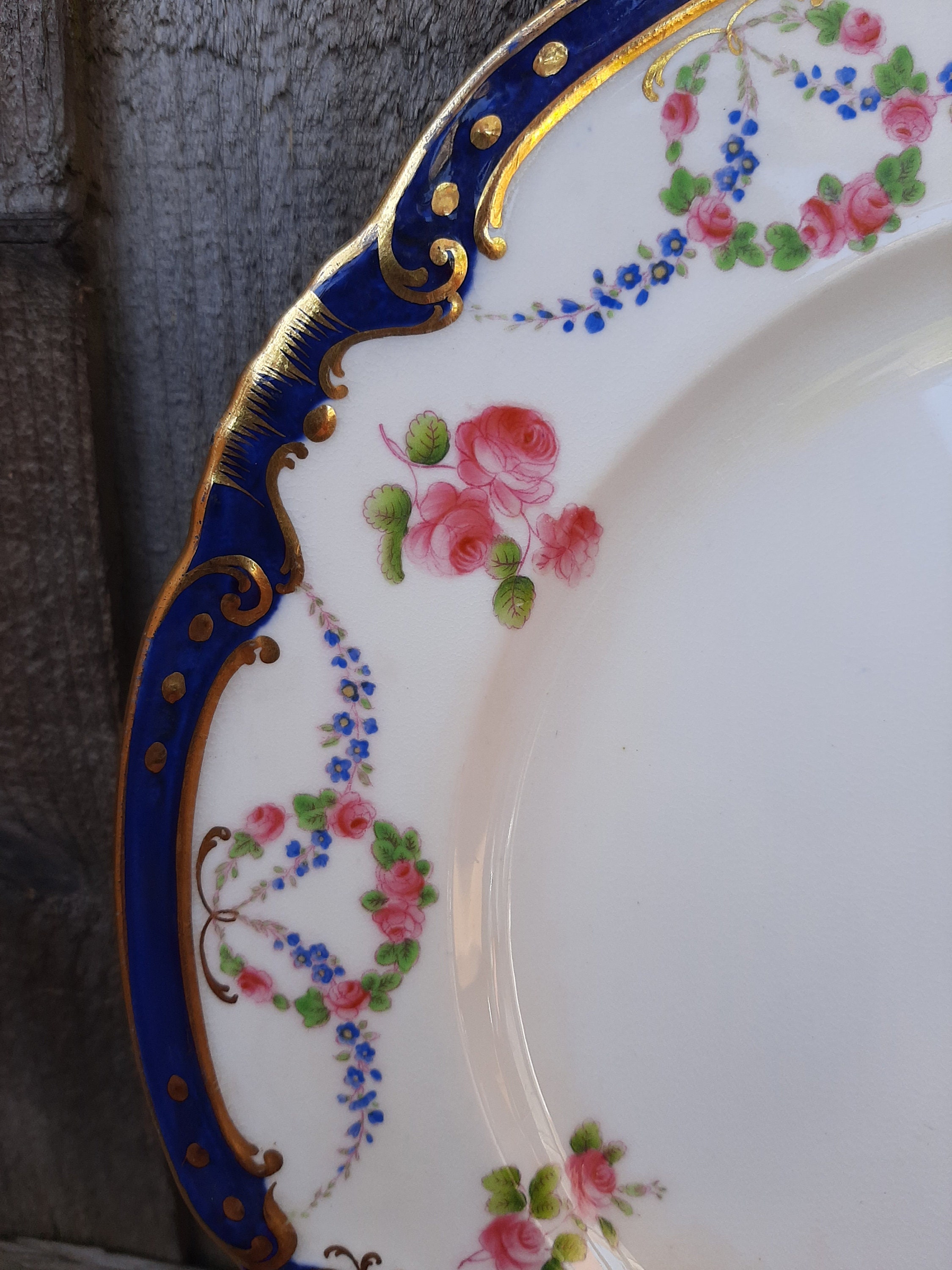 Antique Phillips Minton pink Roses and floral garland dinner plate