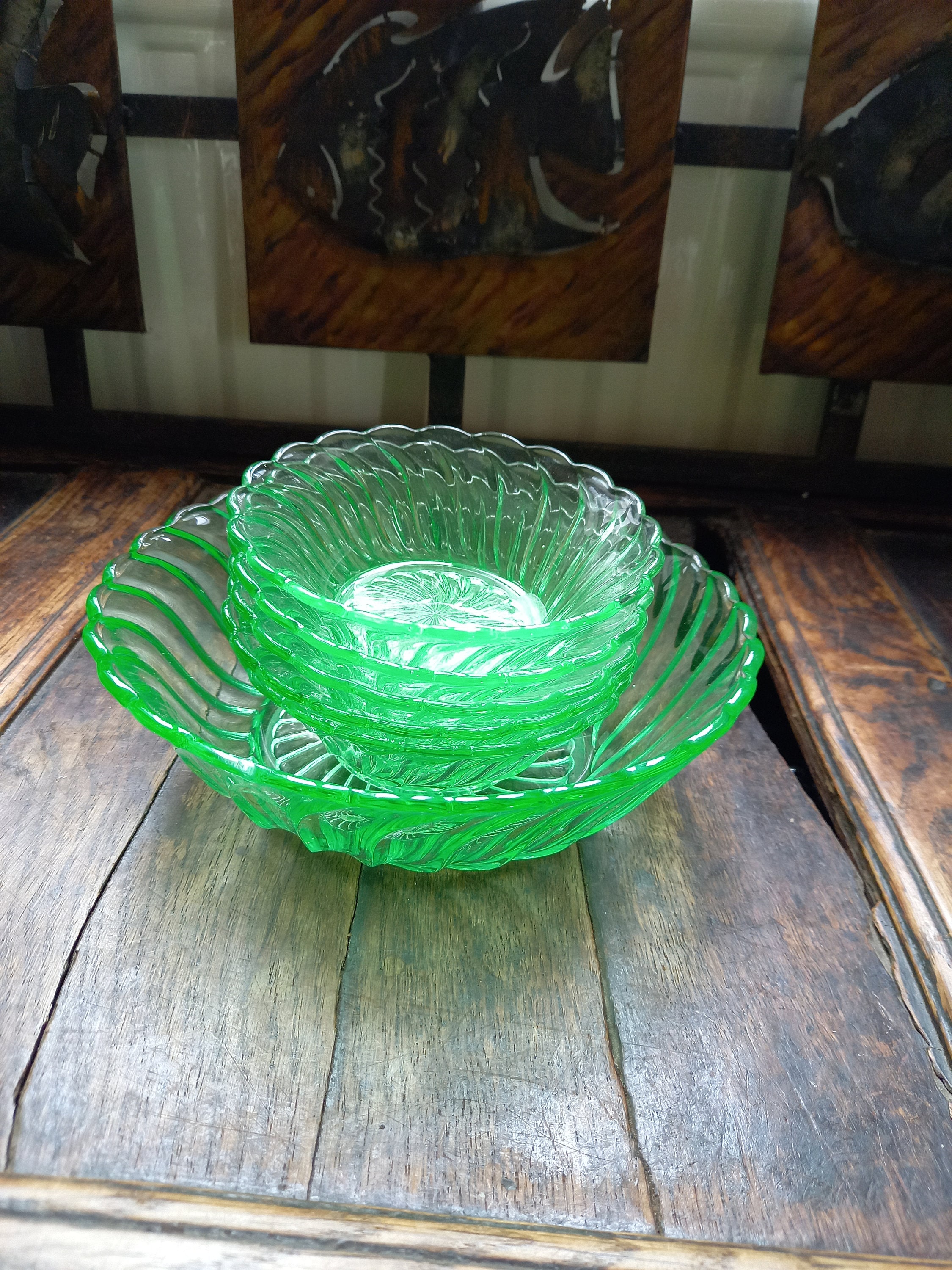 Vintage Art Deco 30's Green Uranium glass fruit bowl set Etsy