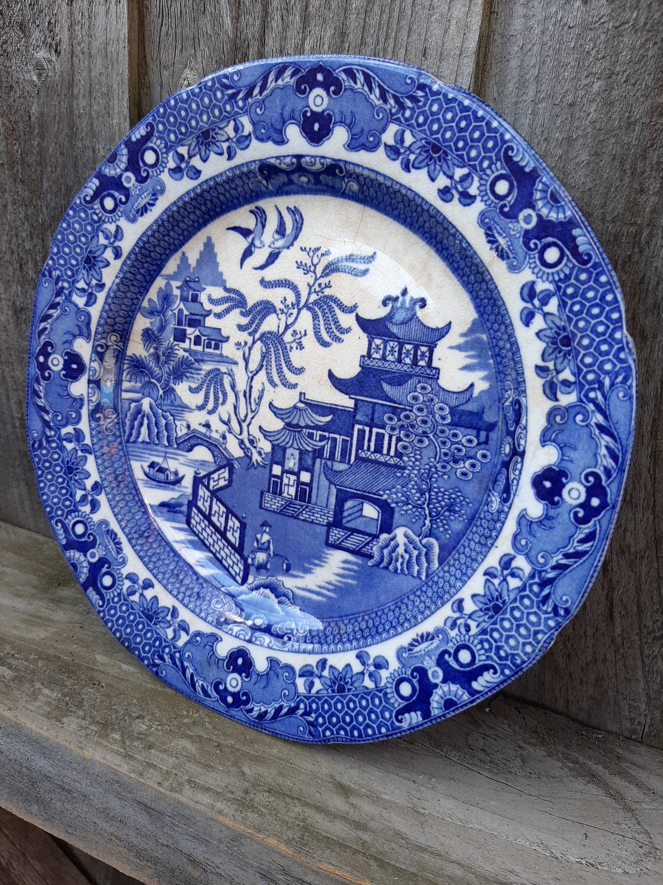Antique rustic English Burleigh Ware blue and white willow bread plate