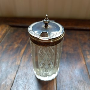 Antique tall cut glass silver epns lidded mustard pot