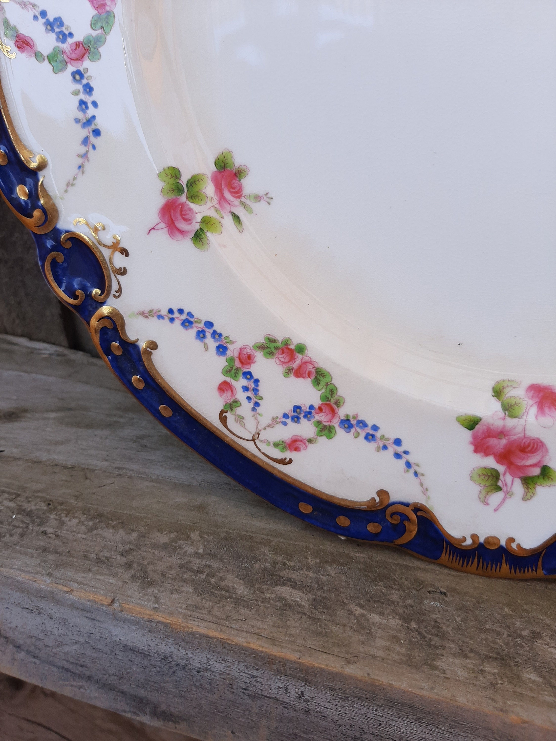 Antique Phillips Minton pink Roses and floral garland dinner plate
