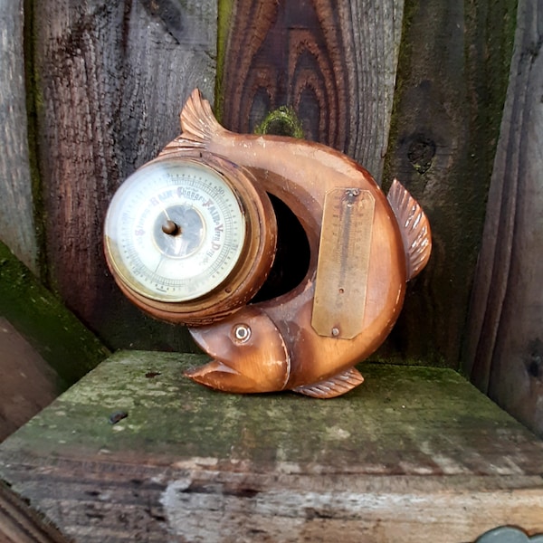 Rustic Vintage Rustic cottage decor carved wooden fish barometer