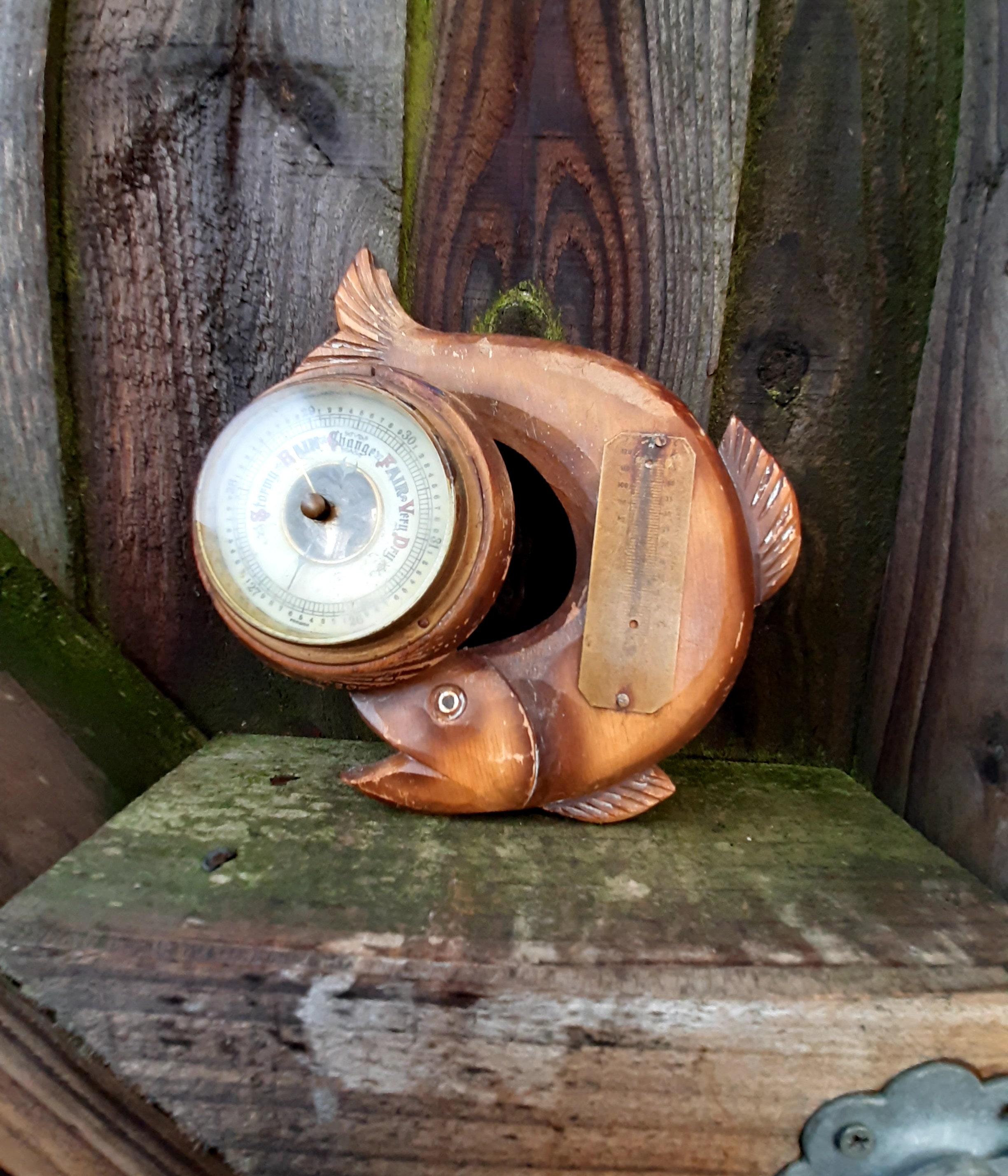 Rustic Vintage Rustic Cottage Decor Carved Wooden Fish Barometer 