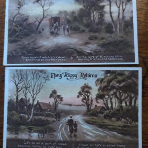 Antike englische Geburtstag Papier Postkarten Reetgedecktes Landhaus, Pferd und Wagen