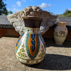 Antike 1920er bunte holländische Collier Gouda Keramik Vase