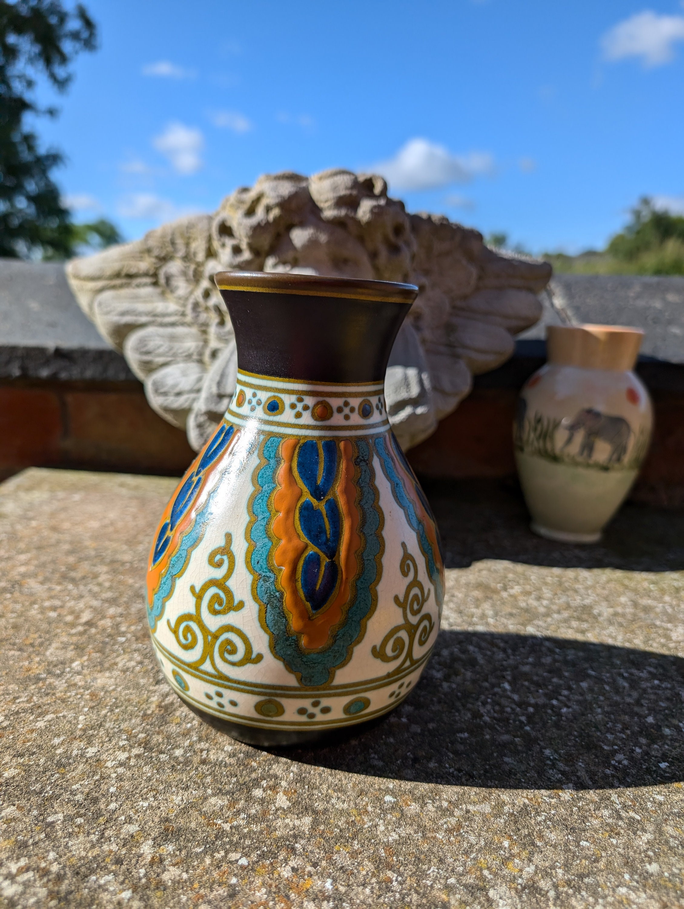 フラワーベース　オランダ陶器　ゴーダ窯　アールデコ　アールヌーボー　花瓶 アンティーク 1920 年代のカラフルなオランダのコリアー ゴーダ