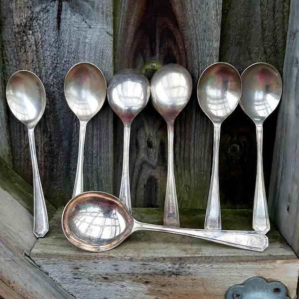 Vintage set of 7 Lee & Wigfull Sheffield Soup Spoons monogramed "H"