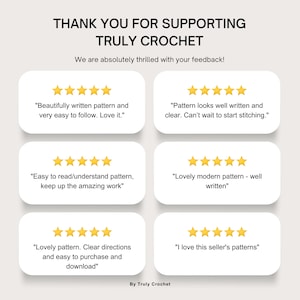 May include: Five customer reviews for crochet patterns with five-star ratings and positive comments. The reviews include phrases like "Beautifully written pattern", "Easy to read/understand pattern", "Lovely modern pattern", "Lovely pattern. Clear directions", and "I love this seller's patterns".