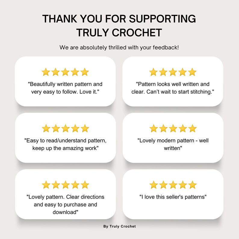 May include: Five customer reviews for crochet patterns with five-star ratings and positive comments. The reviews include phrases like "Beautifully written pattern", "Easy to read/understand pattern", "Lovely modern pattern", "Lovely pattern. Clear directions", and "I love this seller's patterns".
