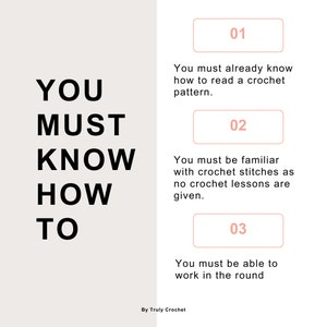 May include: A white background with black text that reads "YOU MUST KNOW HOW TO". On the right side of the image, there are three numbered steps in a light pink box. Step 1: "You must already know how to read a crochet pattern.". Step 2: "You must be familiar with crochet stitches as no crochet lessons are given.". Step 3: "You must be able to work in the round". The text at the bottom of the image reads "By Truly Crochet".