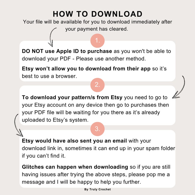 May include: A white background with a pink and black graphic explaining how to download a digital file from Etsy. The graphic includes the text "HOW TO DOWNLOAD" and "DO NOT use Apple ID to purchase".