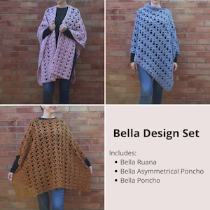 Bella Design Set, Crochet Pattern, Crochet Ruana, Crochet Cardigan, Crochet Poncho, Crochet Asymmetrical Poncho, Crochet Womens Clothing