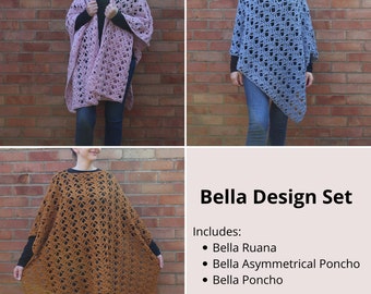 Bella Design Set, Crochet Pattern, Crochet Ruana, Crochet Cardigan, Crochet Poncho, Crochet Asymmetrical Poncho, Crochet Womens Clothing