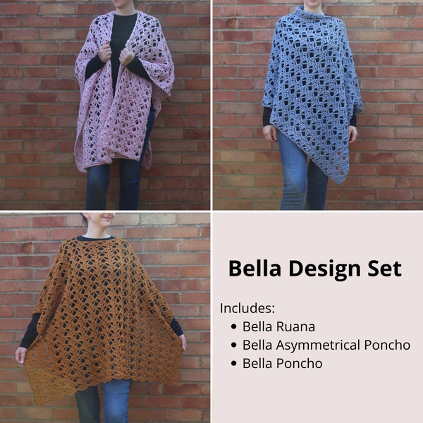 Bella Design Set, Crochet Pattern, Crochet Ruana, Crochet Cardigan, Crochet Poncho, Crochet Asymmetrical Poncho, Crochet Womens Clothing
