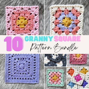 Può includere: Una collezione di colorati quadrati granny all'uncinetto in vari disegni e colori, tra cui rosa, giallo, blu e bianco. L'immagine include il testo "10 Granny Square Pattern Bundle".