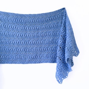 May include: A light blue crocheted shawl with a lacy edge. The shawl has a textured pattern with small raised bumps.