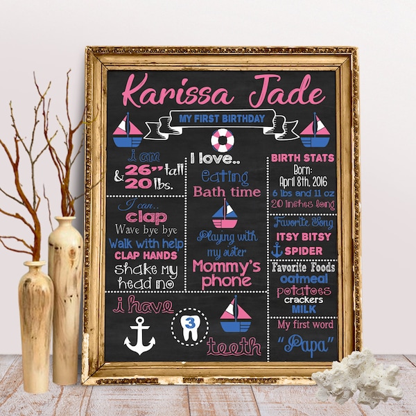 Sailboat AHOY nautical theme First Birthday Chalkboard Printable Poster / Baby Girl / 1st Birthday .pdf or .jpeg SBAT1