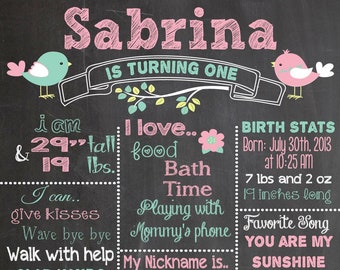 First Birthday Chalkboard Printable Poster bird theme / Baby Girl / 1st Birthday .pdf or .jpeg