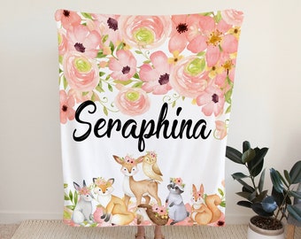 Woodland Personalized Baby Girl Blanket / Custom Baby Blanket / Name Baby Blanket / Forest Animal Nursery / Floral woodland baby