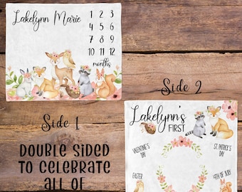 Woodland Blanket Double Sided / Holiday milestone Baby Month Blanket / Baby Shower Gift / Baby Girl Gift / New Mom Gift / Woodland Nursery