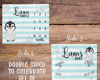 Penguin Milestone Blanket Double Sided / Holiday milestone Baby Month Blanket / Baby Shower Gift / Baby Girl Gift / New Mom Gift / Newborn