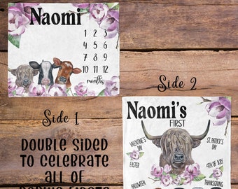 Cow Blanket Double Sided / Holiday milestone Baby Month Blanket / Baby Shower Gift / Baby Girl Gift / New Mom Gift / highland jersey cow