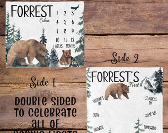 Woodland Blanket Double Sided / Holiday milestone Baby Month Blanket / Baby Shower Gift / Baby Boy Bear / New Mom Gift / Woodland Nursery