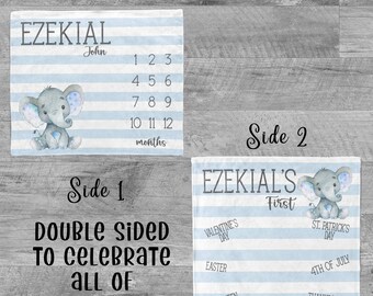Elephant Milestone Blanket Double Sided / Holiday milestone Baby Month Blanket / Baby Shower Gift / Baby Boy Gift / New Mom Gift / Newborn