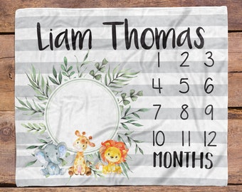 Safari Baby Blanket / Safari Animal Nursery / Baby Boy Milestone / New Mom Gift / Newborn Baby Gift / Baptism Gift / Elephant Blanket