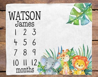 Milestone Blanket / Safari Animal Nursery / Baby Boy Milestone / New Mom Gift / Newborn Baby Gift / Baptism Gift / Elephant Blanket Jungle