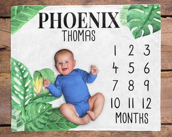 Tropical Leaves Baby Milestone Blanket / Jungle Plants gender neutral / Month Blanket / Baby Shower Gift / Tropical Blanket / New Mom Gift