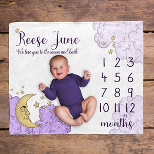 Moon and Stars Milestone Blanket / Moon Nursery / Baby Girl Milestone / New Mom Gift / Newborn Baby Gift / Baptism Gift / Moon Stars Blanket