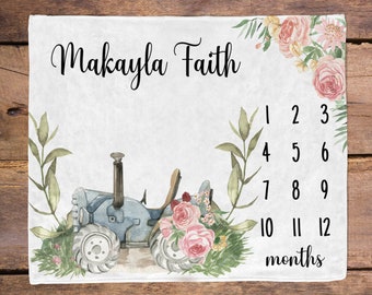 Farm Tractor baby girl Milestone Blanket / Baby Month Blanket / Baby Shower Gift / Milestone Baby Gift / New Mom Gift / Floral tractor farm