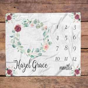 Milestone Blanket / Baby Girl / Baby Month Blanket / Baby Shower Gift / Floral Milestone Eucalyptus / New Mom Gift / Newborn baby gift
