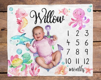 Under the Sea Baby Milestone Blanket / Fish Ocean Milestone / Month Blanket / Baby Shower Gift / Ocean Milestone Blanket / New Mom Gift
